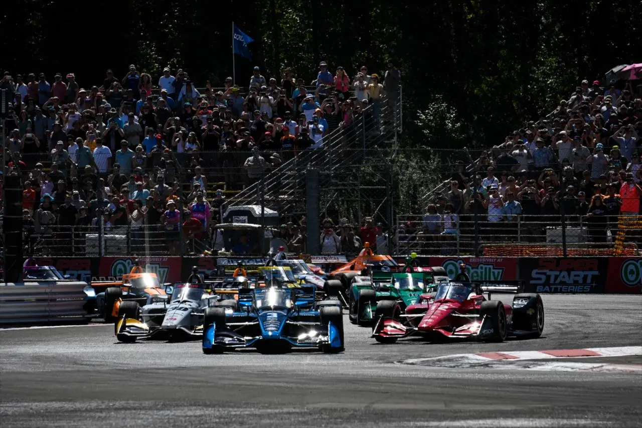 IndyCar field racing at Portland International Raceway during the Grand Prix of Portland