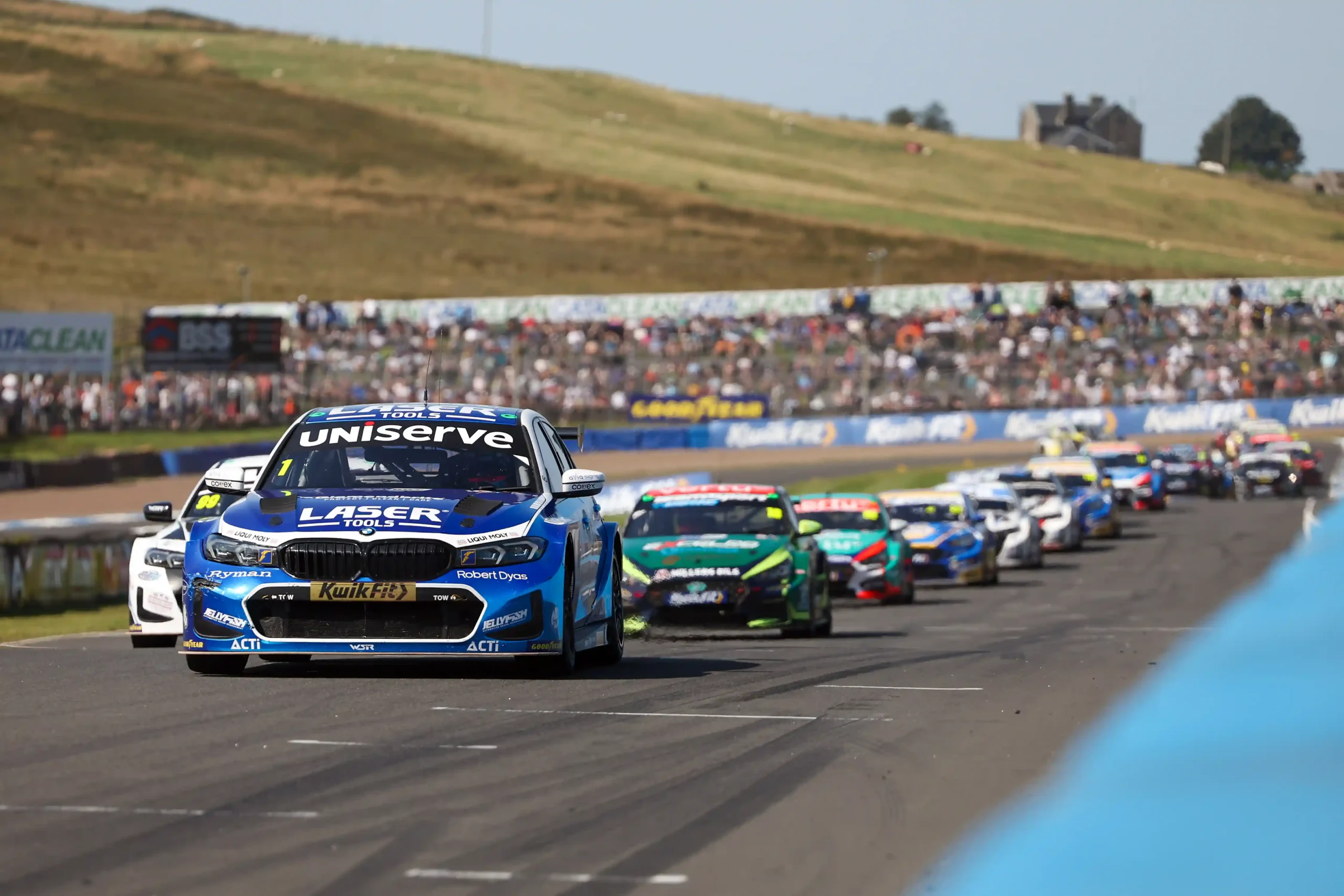 Jake Hill leading the BTCC field at Knockhill during the 2025 British Touring Car Championship