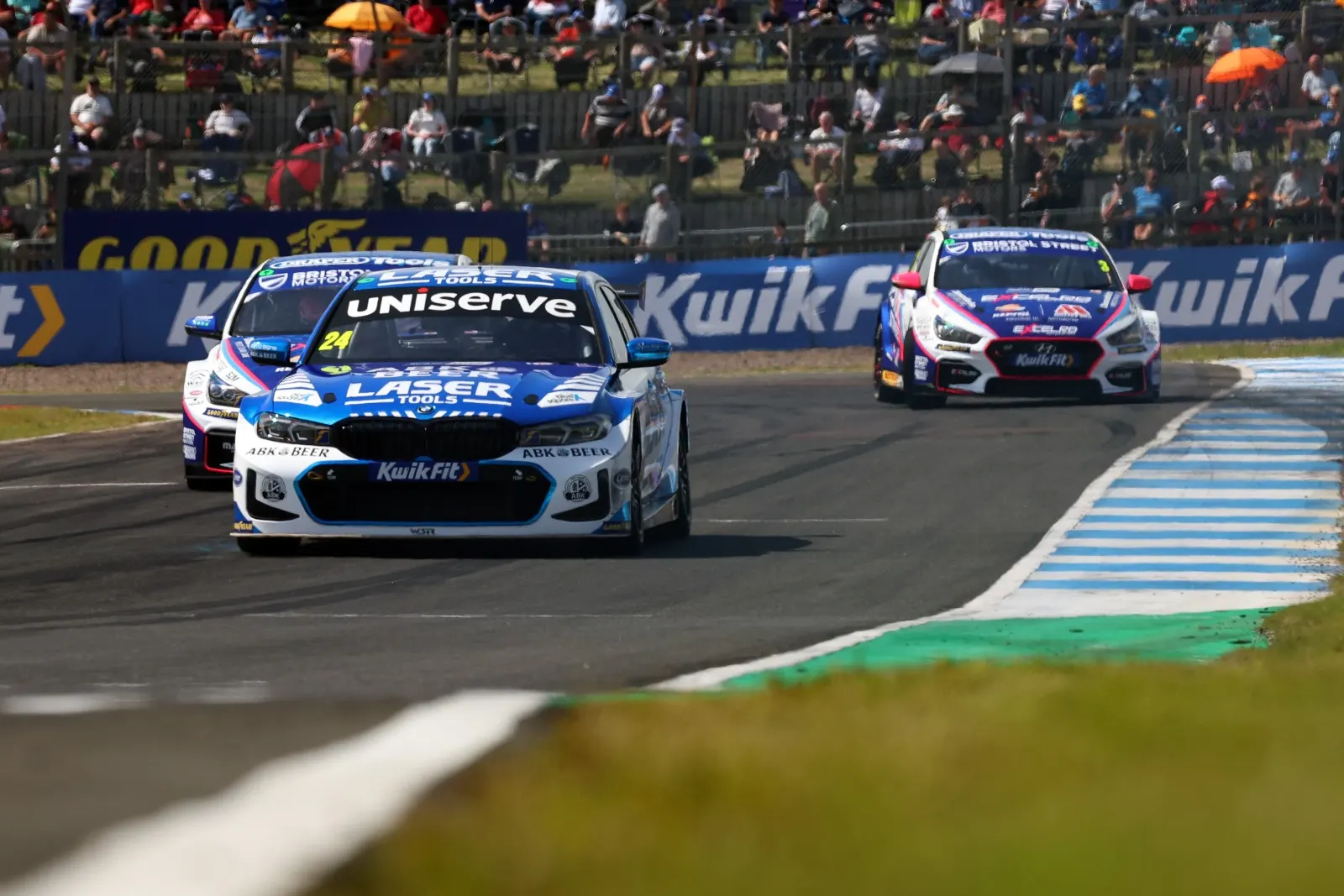 Jake Hill leading BTCC cars at Knockhill on Goodyear tyres