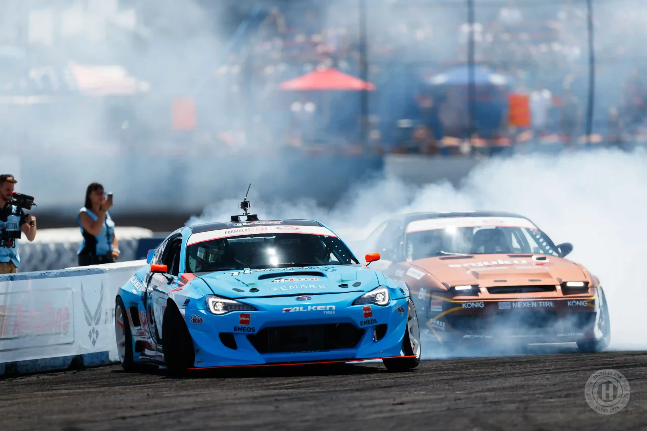 Formula Drift car running close to the wall at Evergreen Speedway in Seattle