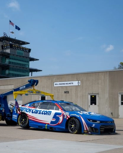 Kyle Larson's damaged No. 5 Chevrolet is towed after his Stage 1 crash in the 2026 Brickyard 400