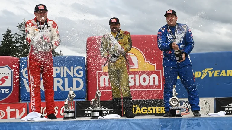 NHRA podium celebration at the 2026 Muckleshoot Casino Resort NHRA Northwest Nationals