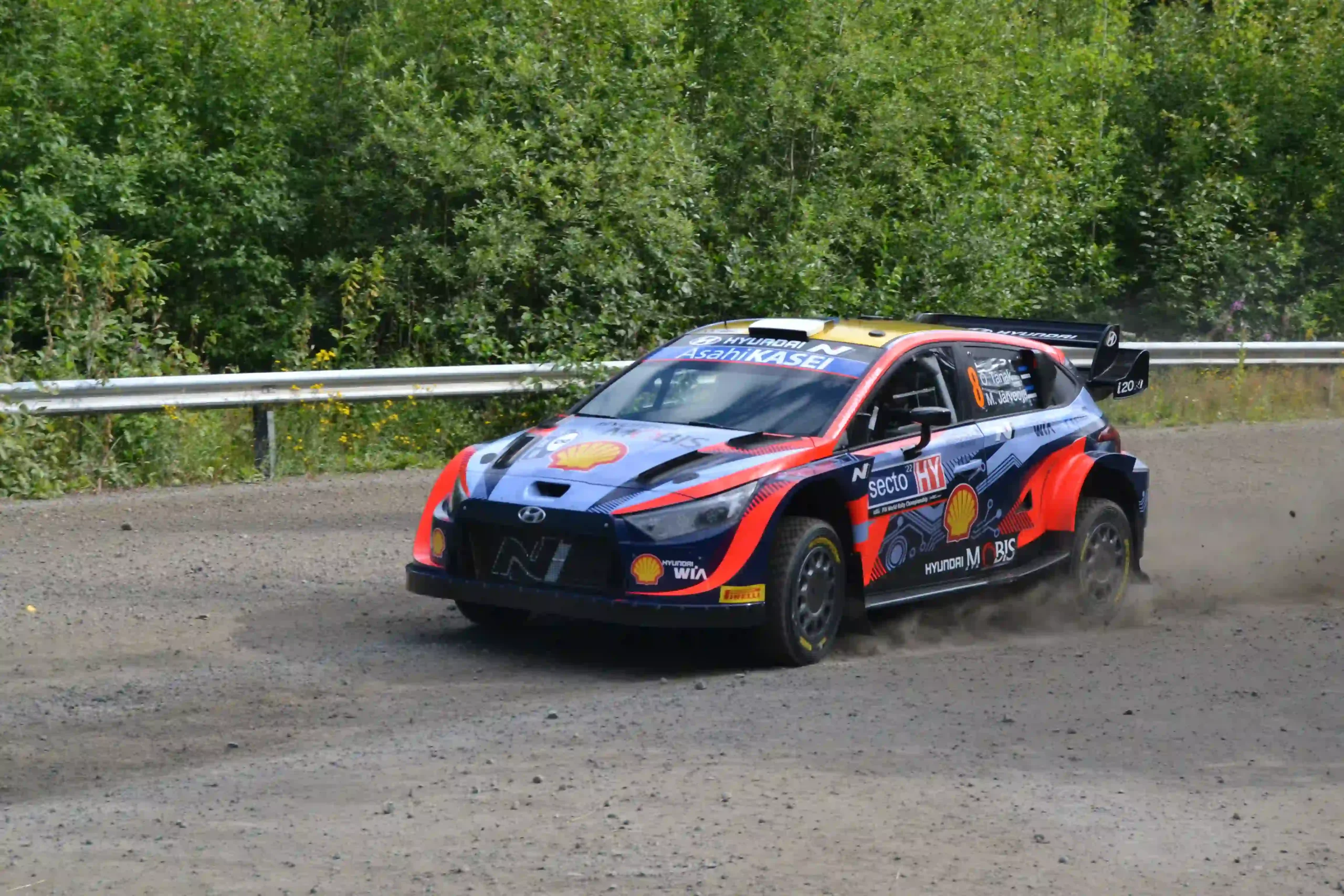 Hyundai Rally1 car on gravel during Rally Finland shakedown conditions