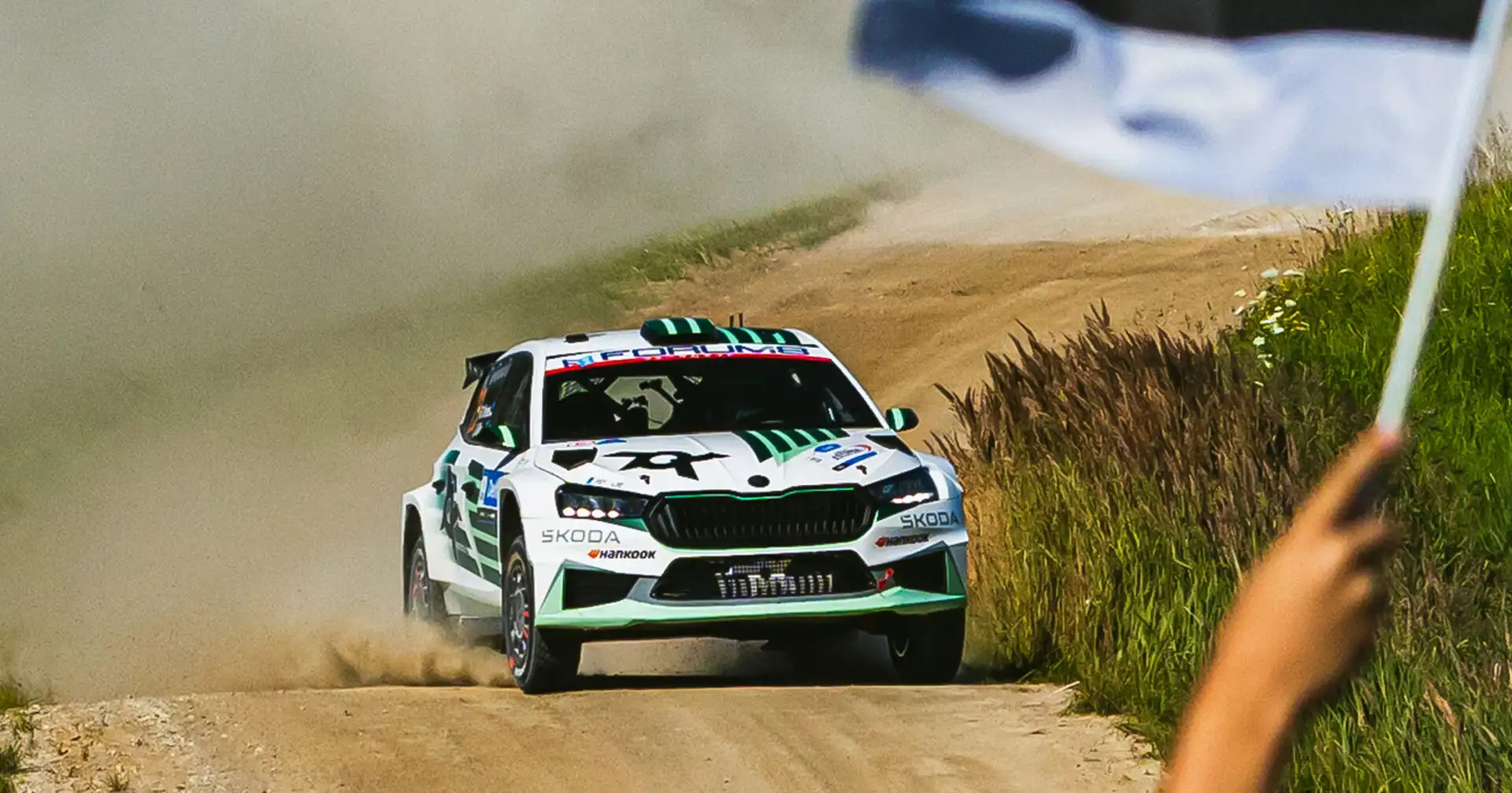 Robert Virves and Jakko Viilo drive the Škoda Fabia RS Rally2 on their way to the Rally Estonia 2026 WRC2 victory