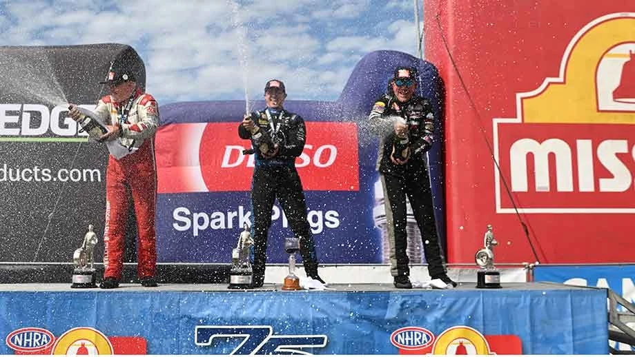 Doug Kalitta, Jordan Vandergriff and Greg Stanfield celebrate their 2026 NHRA Sonoma Nationals victories