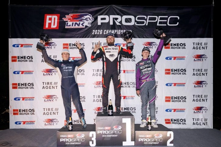 Camren Sorensen, Dmitriy Brutskiy and Braden Lons on the Formula DRIFT PROSPEC podium at Stafford in 2026