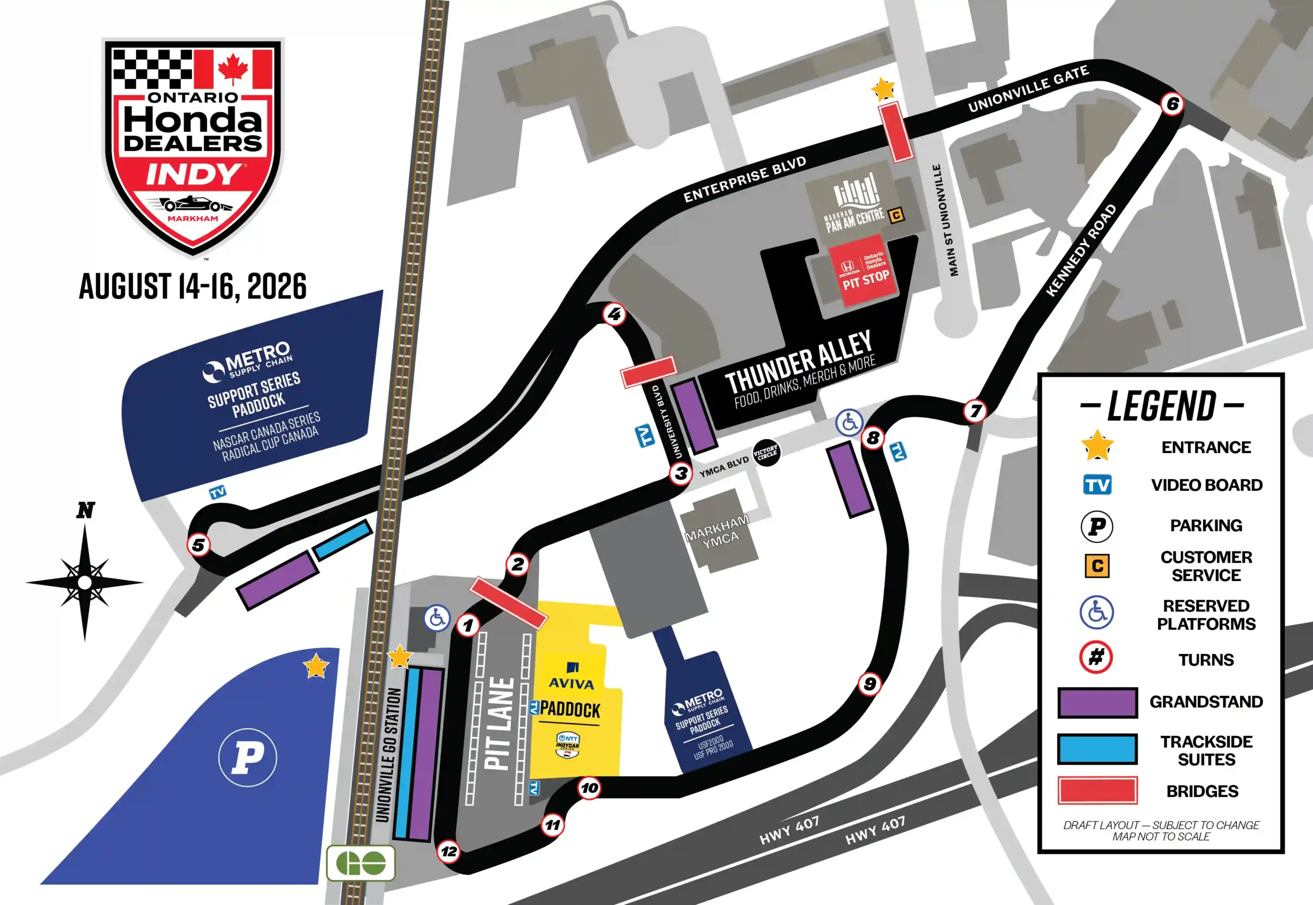 Official festival map showing the Streets of Markham circuit for the 2026 Ontario Honda Dealers Indy