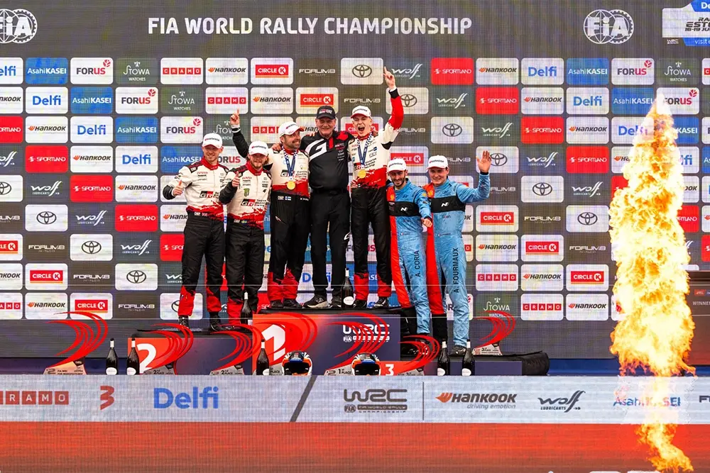 Rally Estonia 2026 podium celebration after the World Rally Championship event