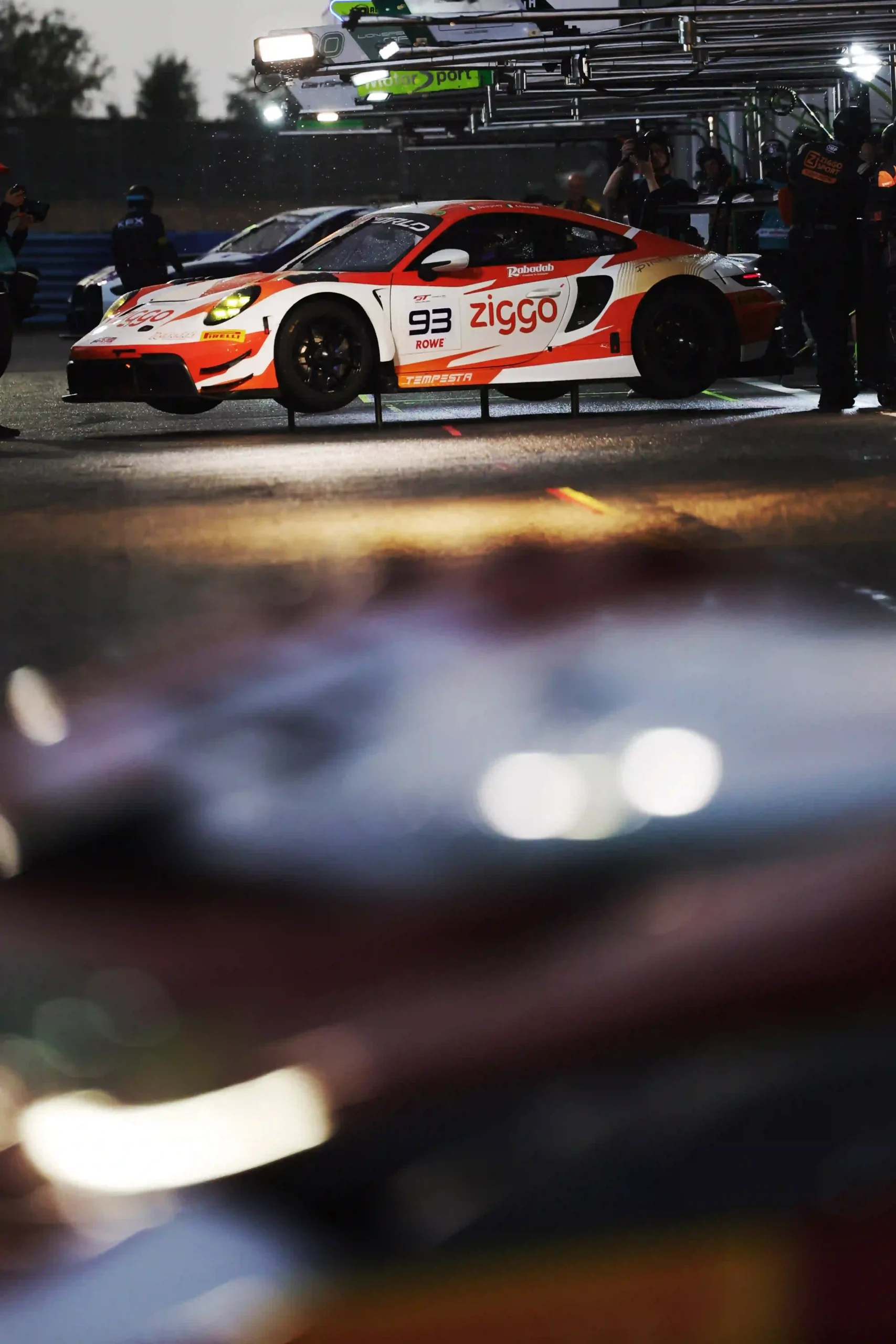 Ziggo Sport Tempesta Racing number 93 Porsche running in wet Magny-Cours FP2 conditions