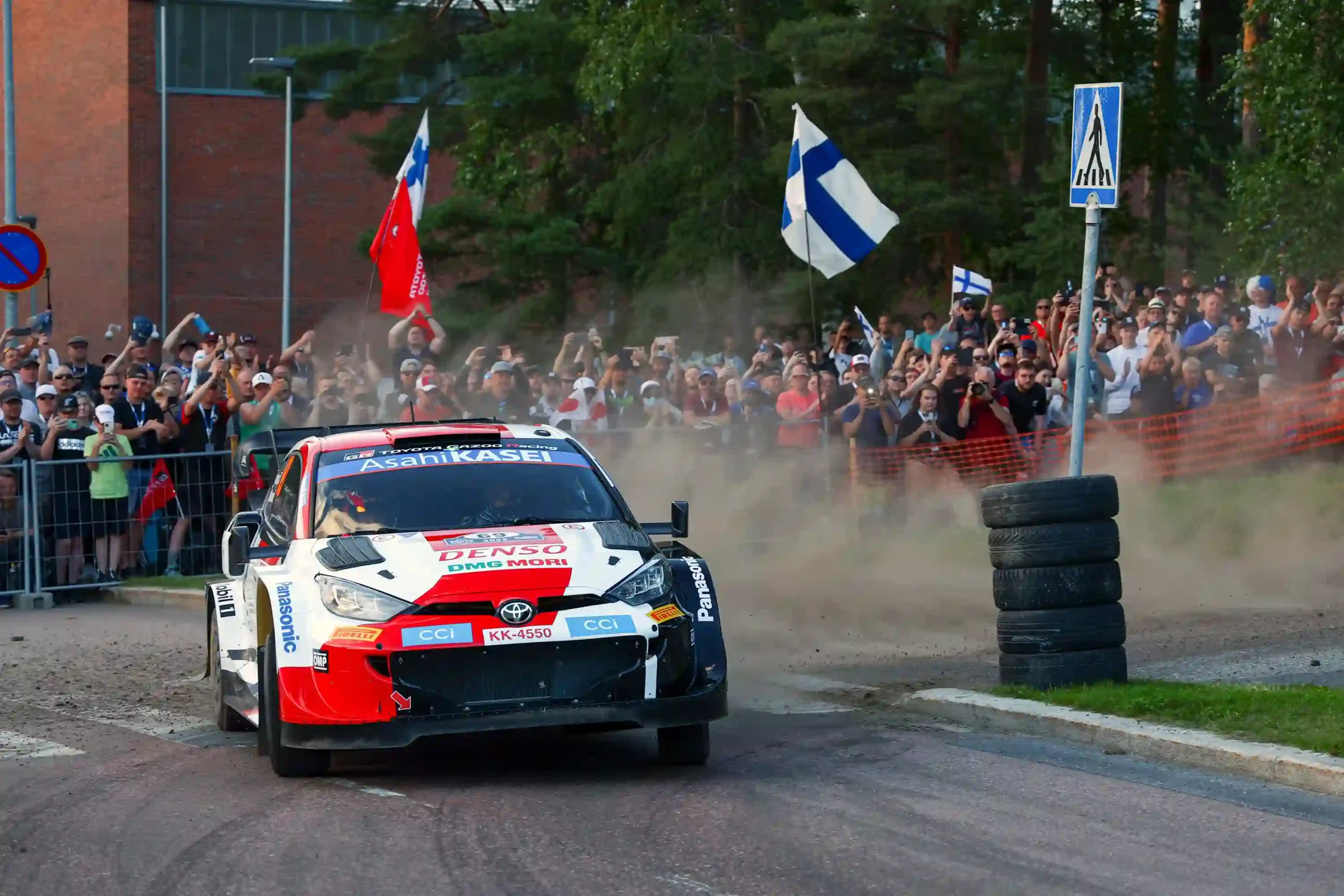 Toyota GR Yaris Rally1 on the Harju super special stage in Jyväskylä during Rally Finland 2022