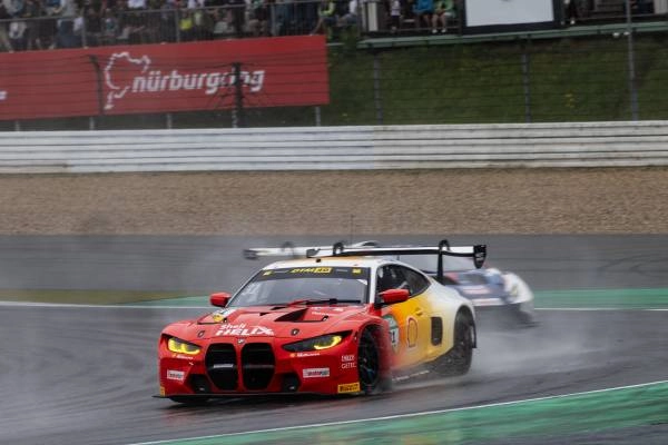BMW M4 GT3 on a wet Nürburgring during a DTM race