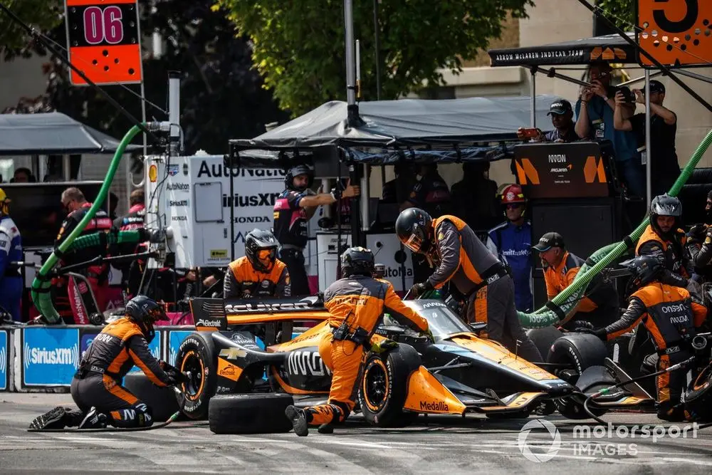Pato O'Ward Arrow McLaren INDYCAR during a street-race pit stop