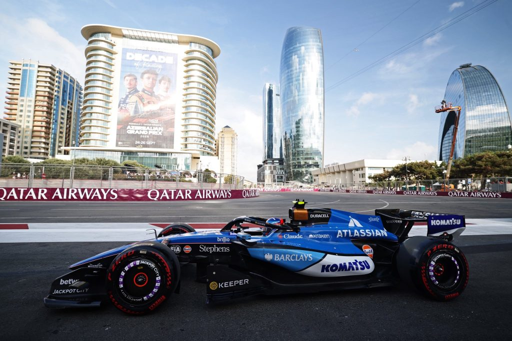 Carlos Sainz's Williams on track at the Baku City Circuit during the 2026 Azerbaijan Grand Prix weekend