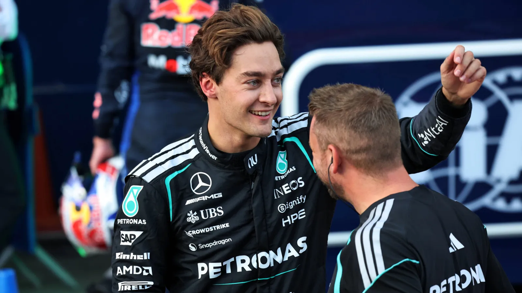 George Russell in parc fermé after taking pole at the Azerbaijan Grand Prix 2026