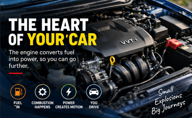 Overview of an internal combustion engine converting fuel into motion