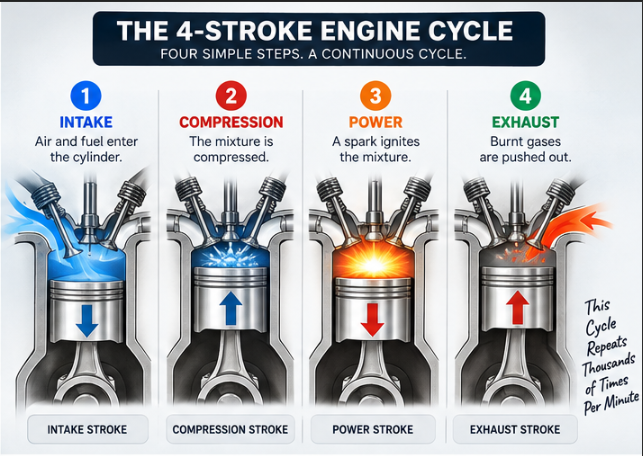Diagram of the four-stroke engine cycle: intake, compression, combustion and exhaust