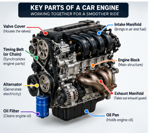 Main components of a car engine including pistons, crankshaft, cylinders and valves
