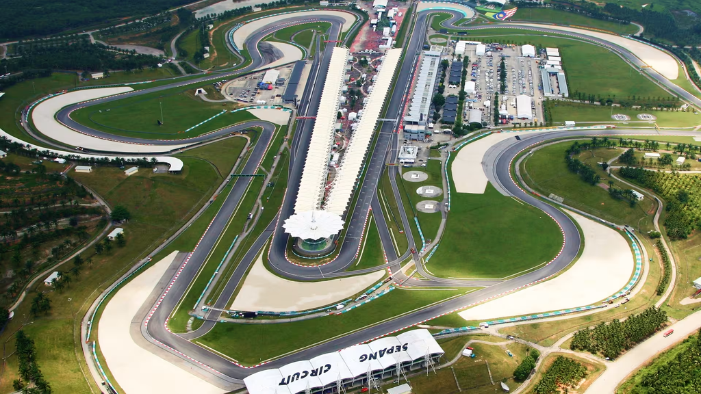 The distinctive leaf-shaped grandstand roofs at the Sepang International Circuit