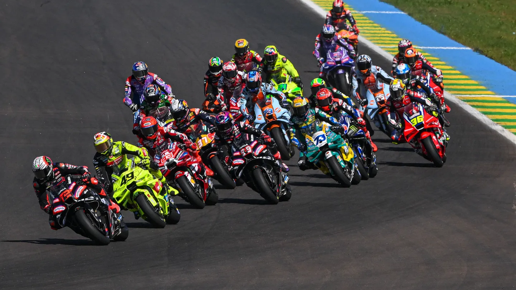 MotoGP riders racing into the first corner