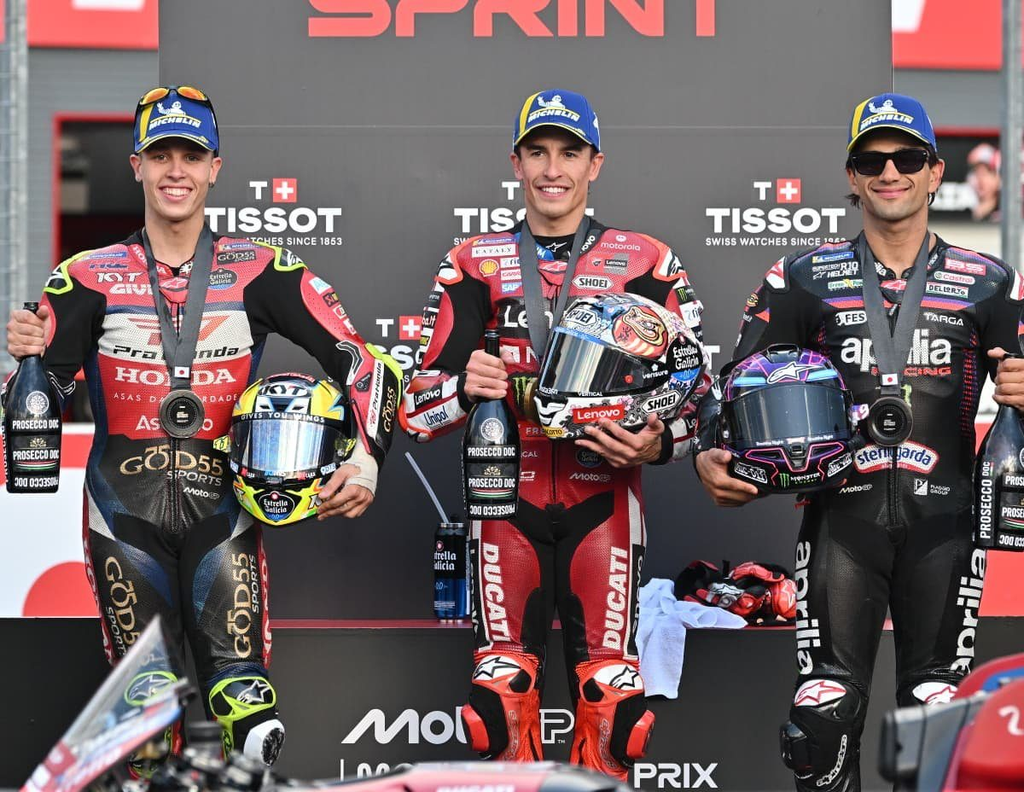 MotoGP riders celebrating on the podium in 2026