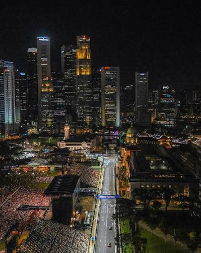 The Marina Bay Street Circuit lit up at night with the Singapore skyline